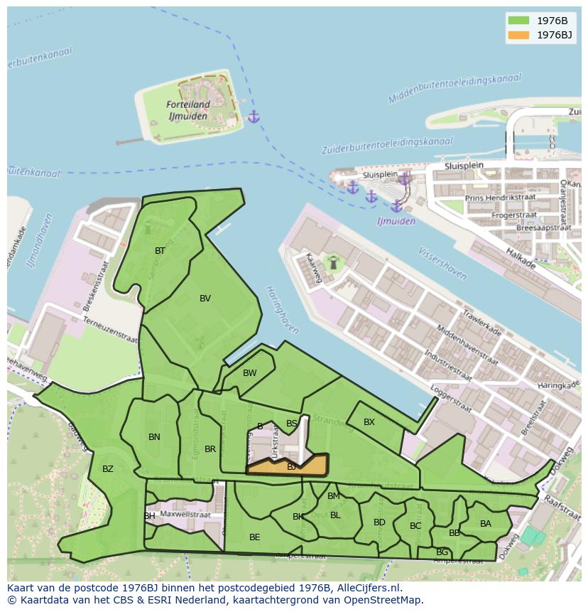 Afbeelding van het postcodegebied 1976 BJ op de kaart.