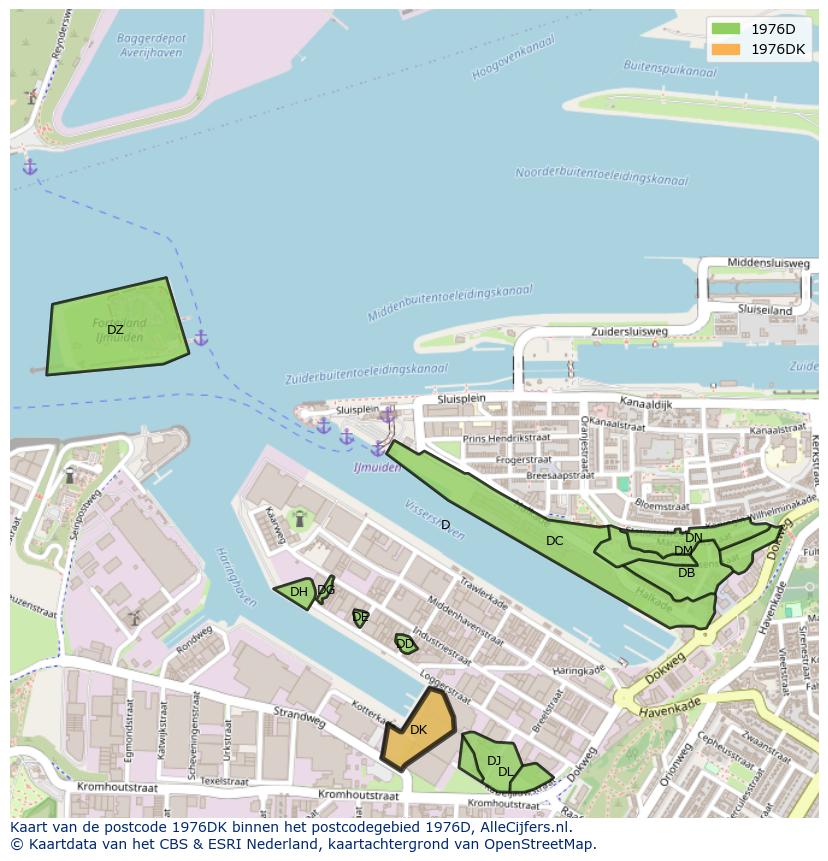 Afbeelding van het postcodegebied 1976 DK op de kaart.