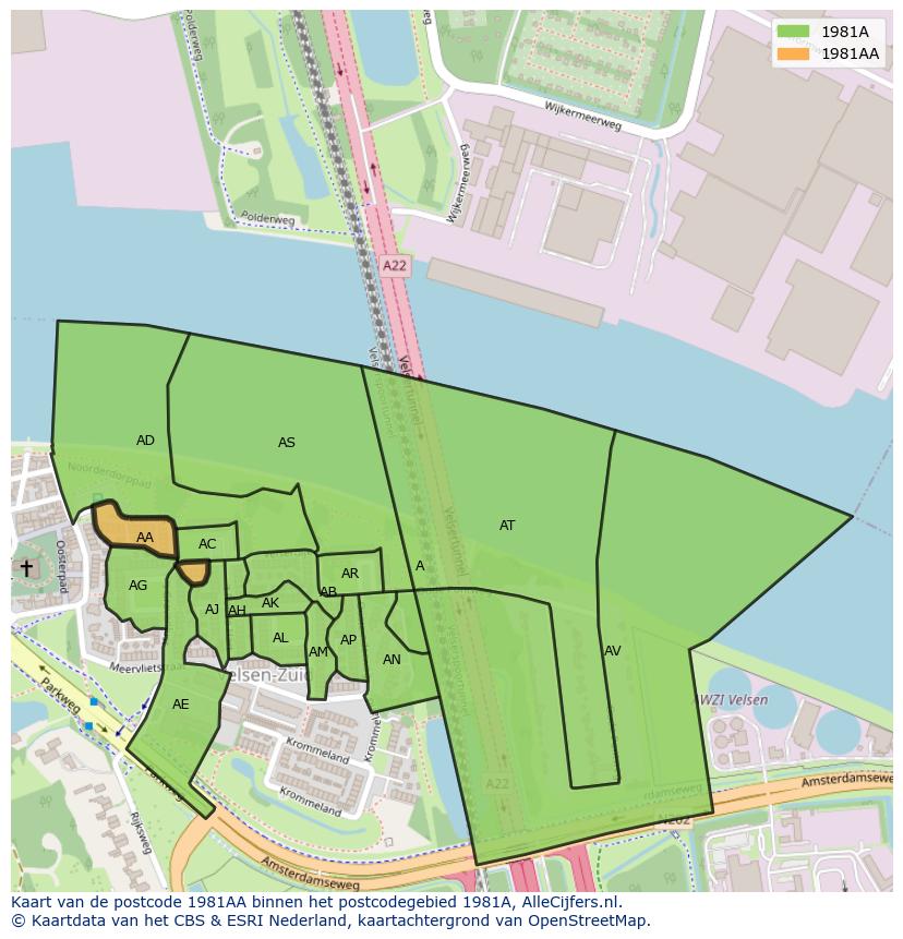 Afbeelding van het postcodegebied 1981 AA op de kaart.