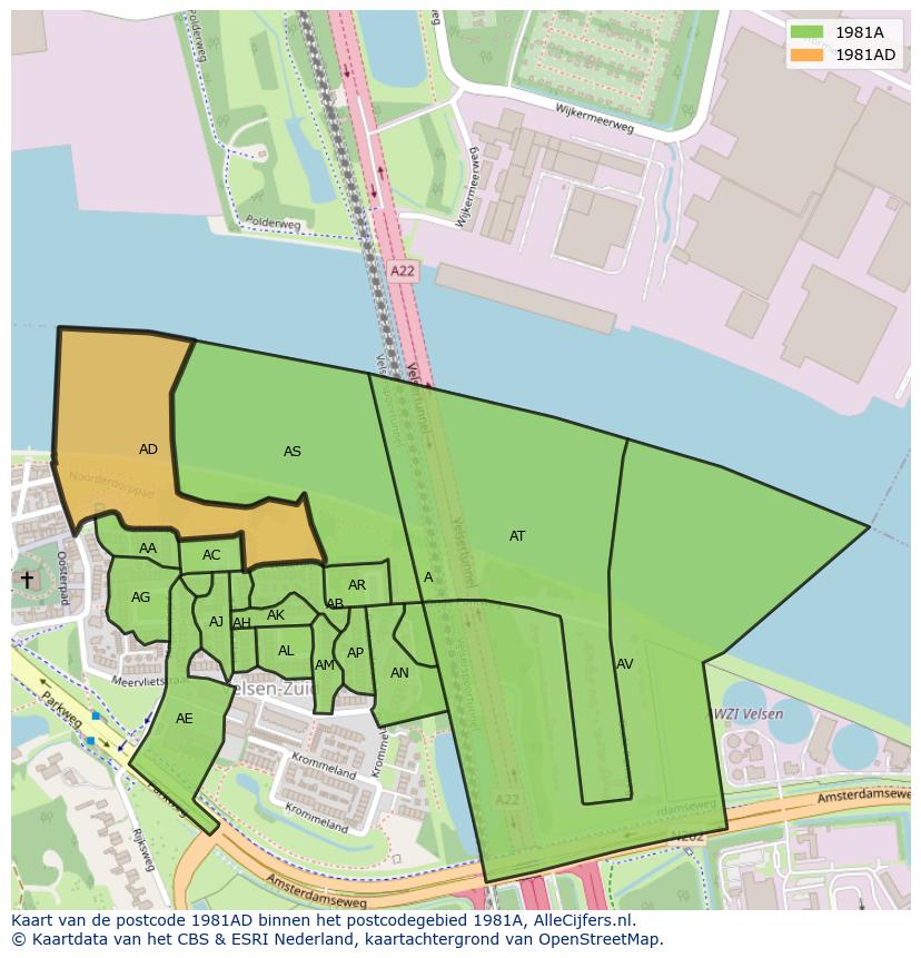 Afbeelding van het postcodegebied 1981 AD op de kaart.