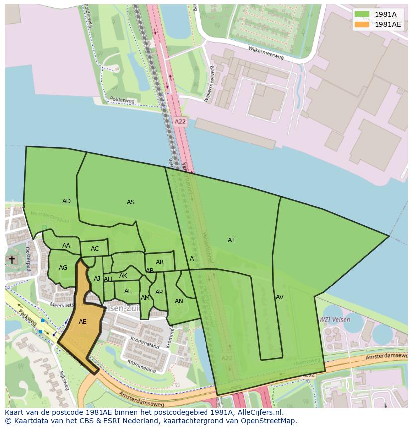 Afbeelding van het postcodegebied 1981 AE op de kaart.