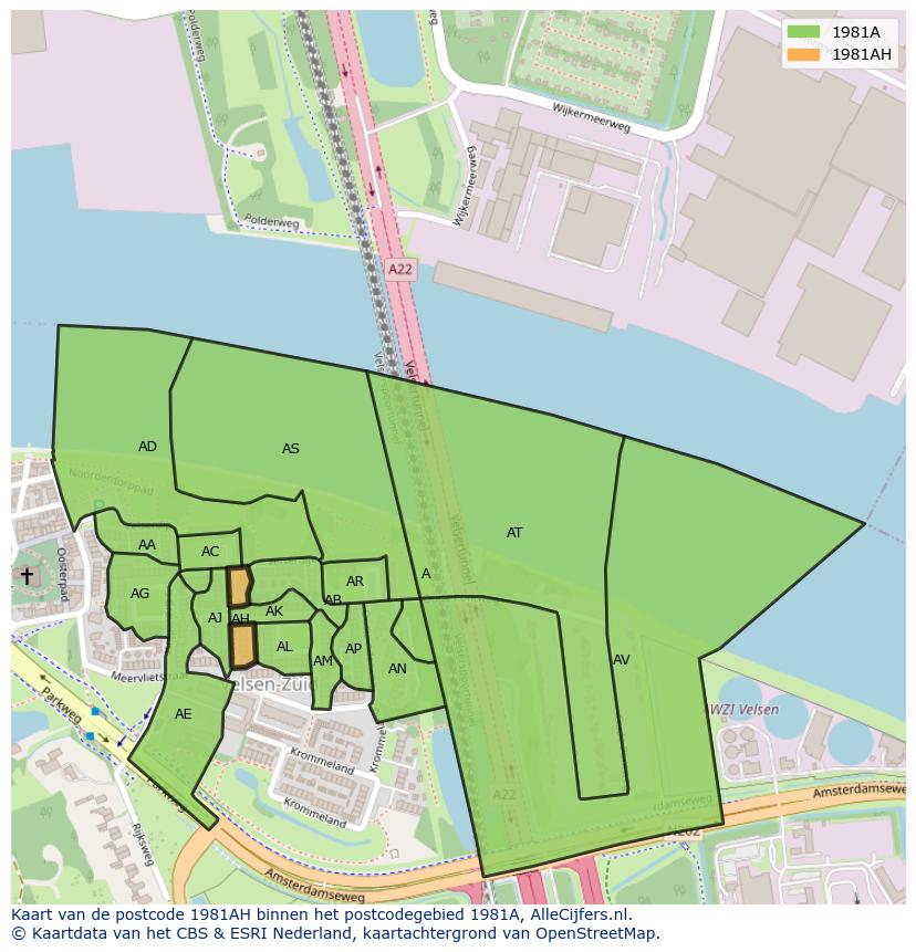 Afbeelding van het postcodegebied 1981 AH op de kaart.