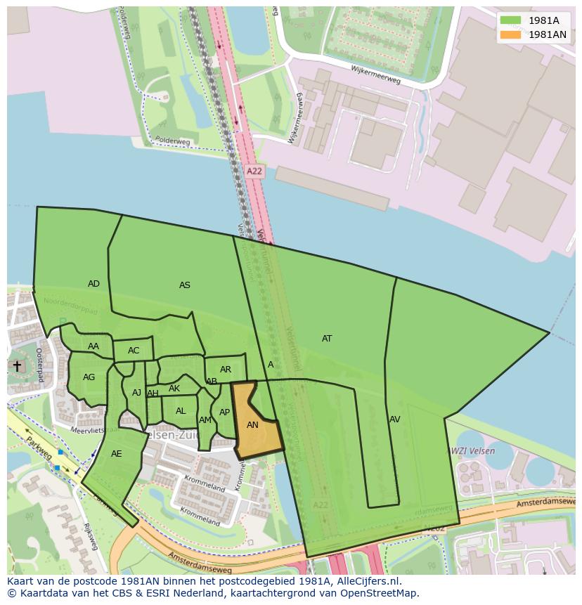 Afbeelding van het postcodegebied 1981 AN op de kaart.