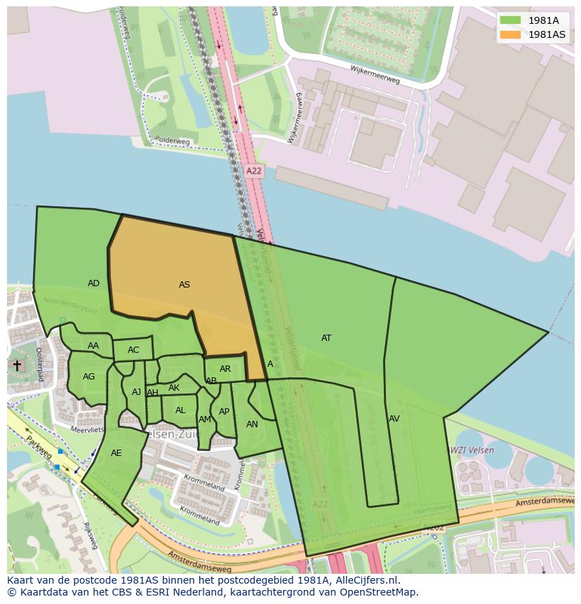 Afbeelding van het postcodegebied 1981 AS op de kaart.