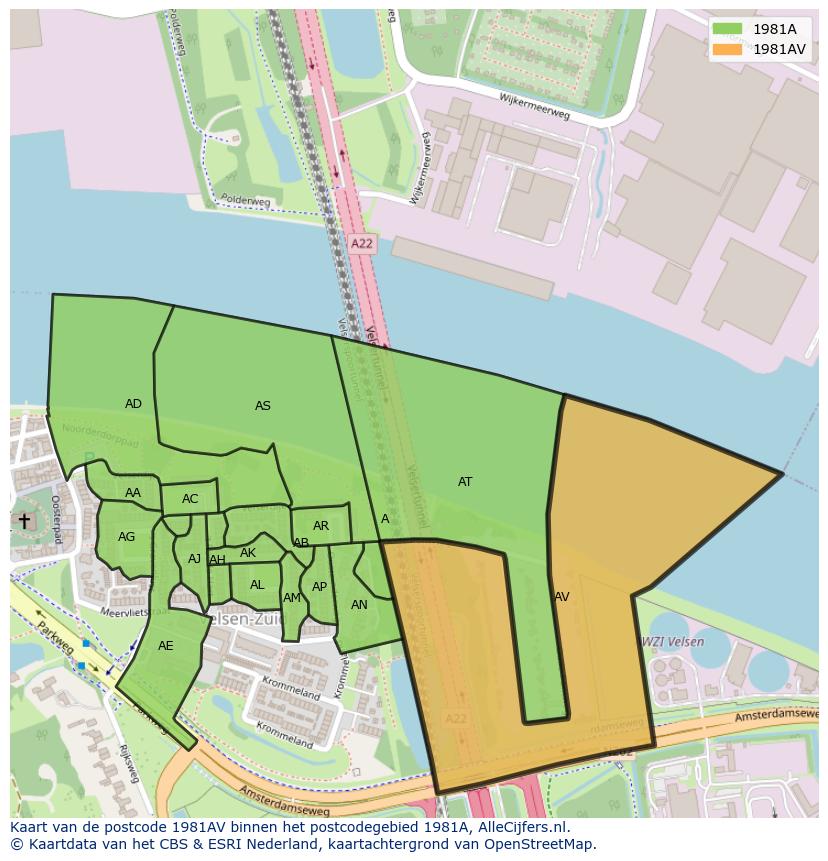 Afbeelding van het postcodegebied 1981 AV op de kaart.
