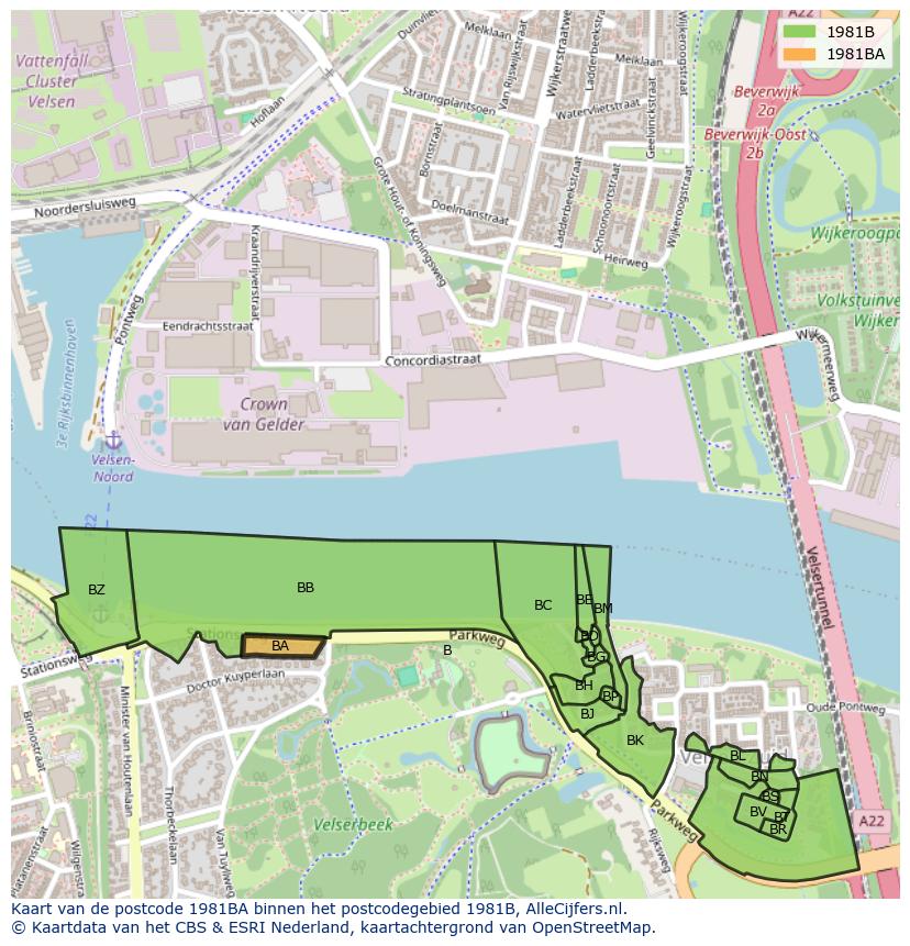 Afbeelding van het postcodegebied 1981 BA op de kaart.