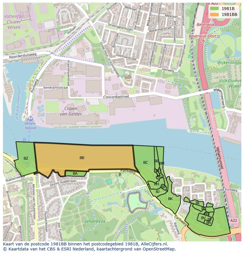 Afbeelding van het postcodegebied 1981 BB op de kaart.