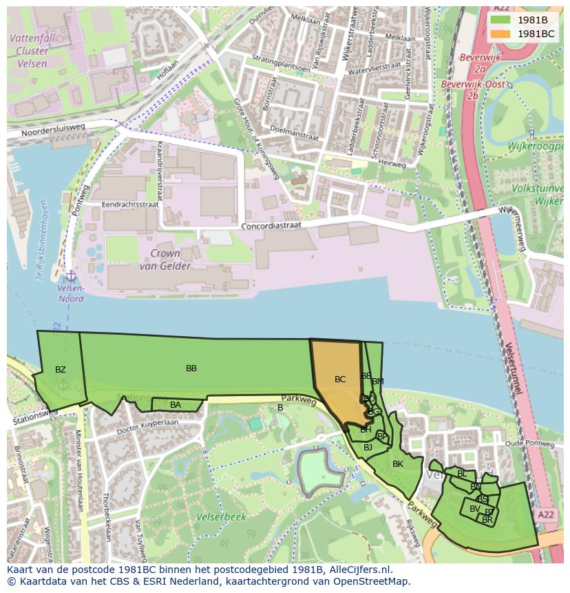 Afbeelding van het postcodegebied 1981 BC op de kaart.