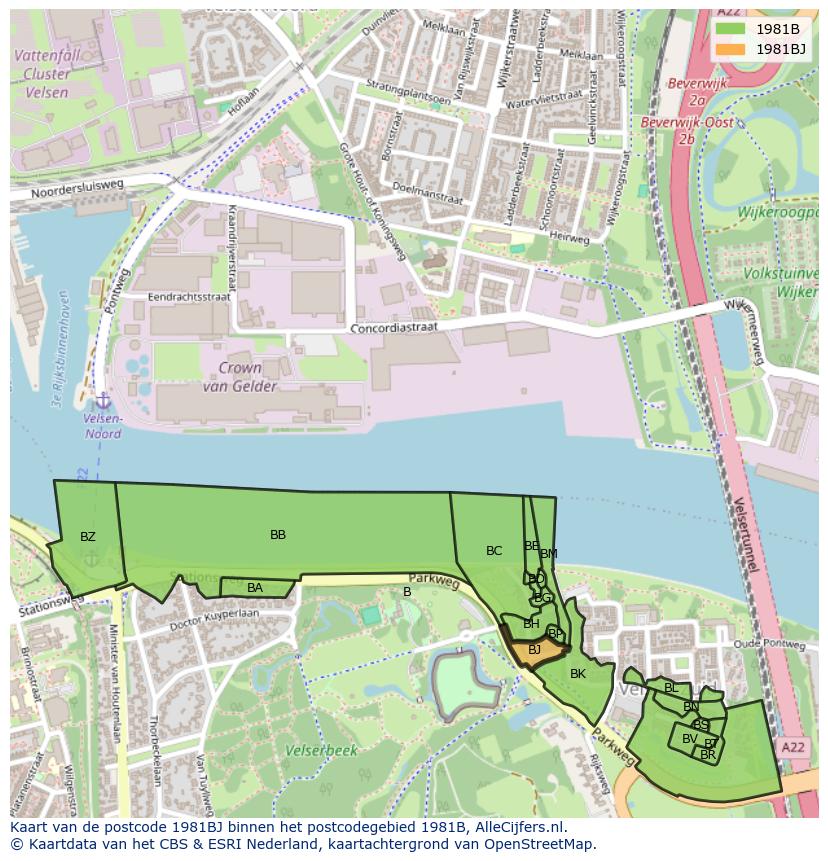 Afbeelding van het postcodegebied 1981 BJ op de kaart.