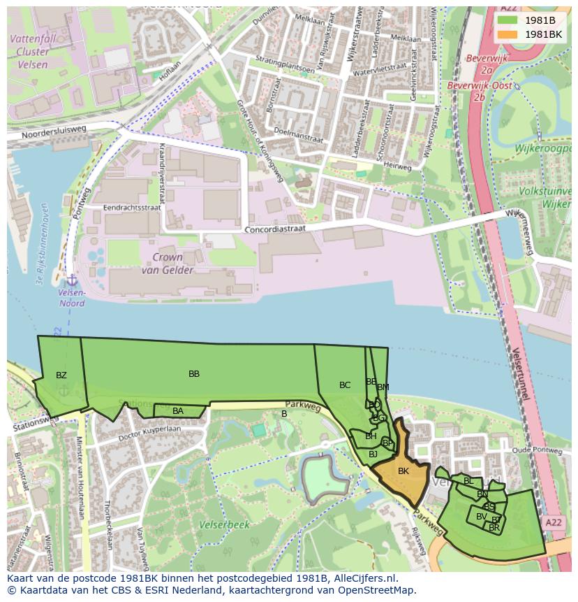 Afbeelding van het postcodegebied 1981 BK op de kaart.