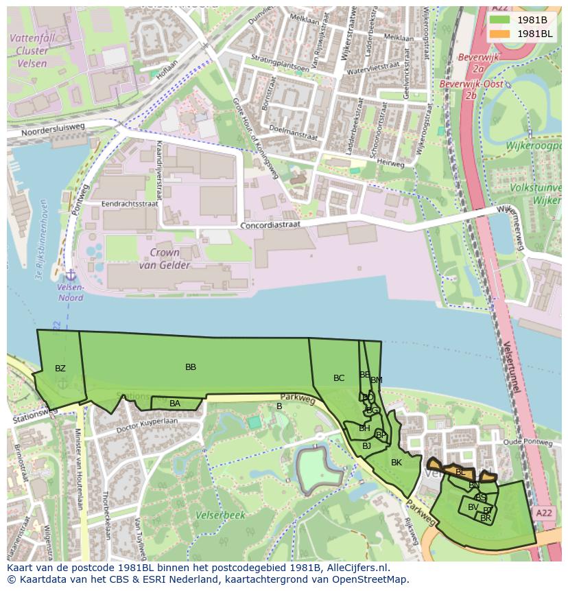 Afbeelding van het postcodegebied 1981 BL op de kaart.
