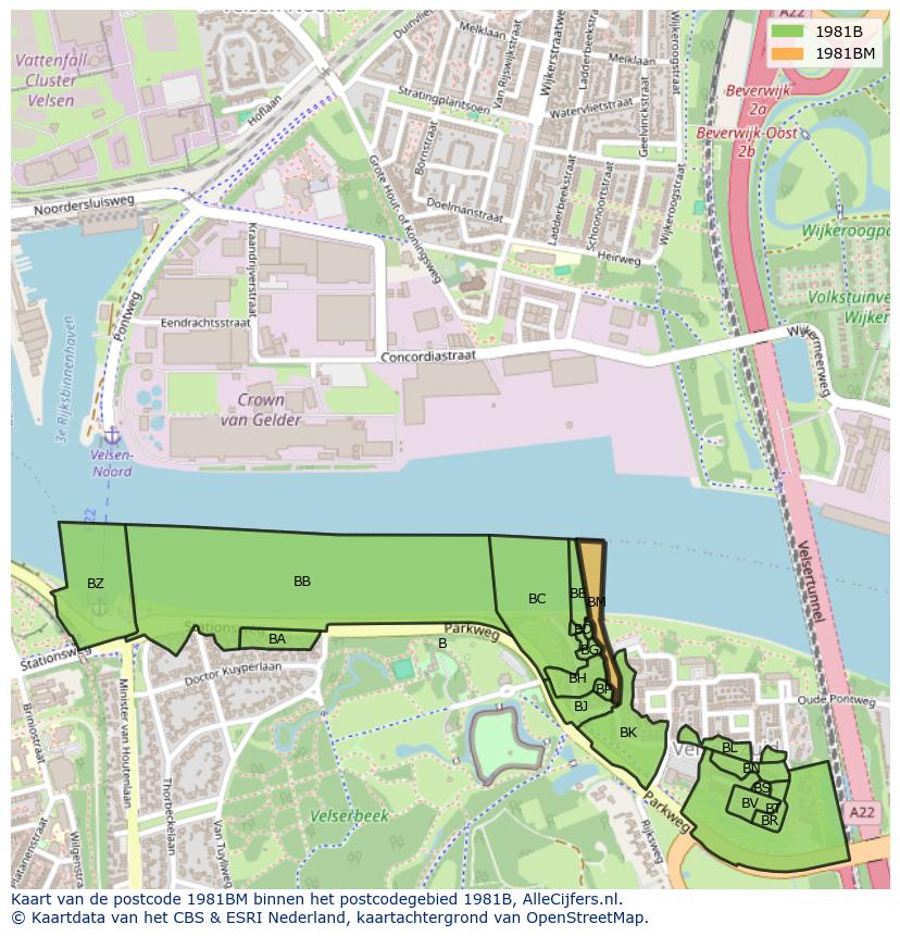 Afbeelding van het postcodegebied 1981 BM op de kaart.