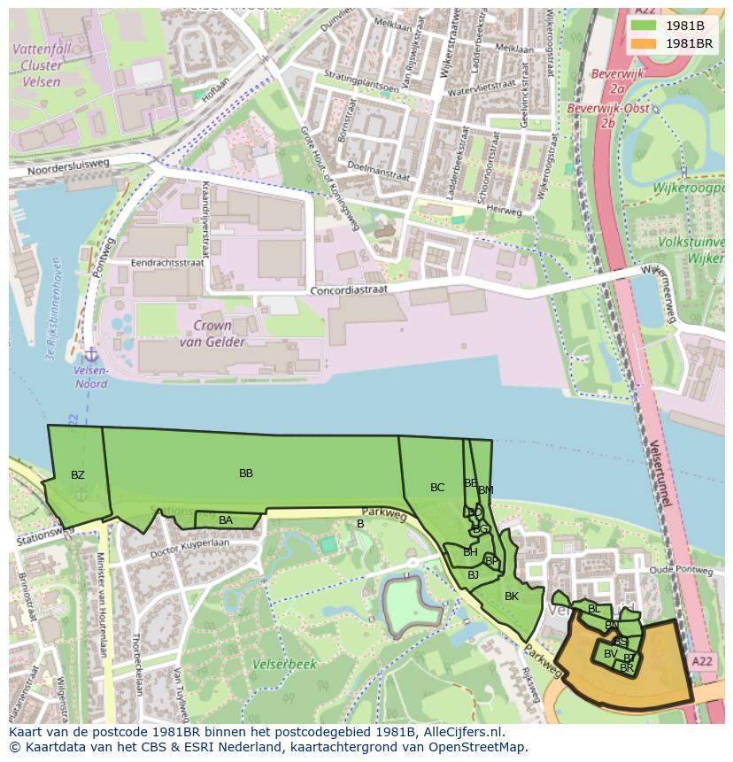 Afbeelding van het postcodegebied 1981 BR op de kaart.