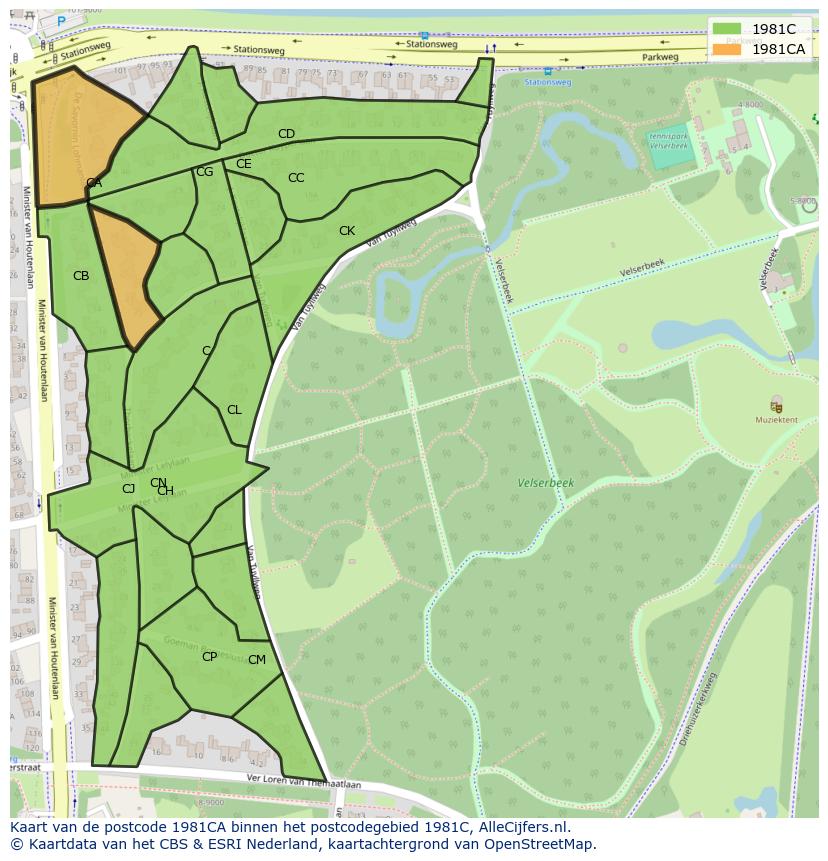 Afbeelding van het postcodegebied 1981 CA op de kaart.