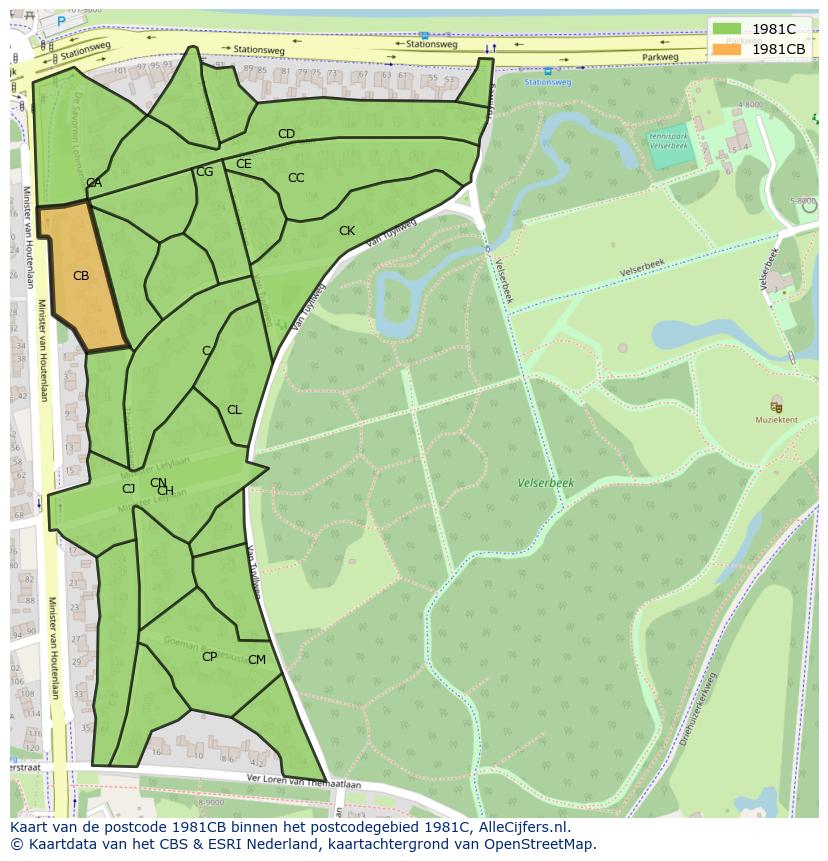 Afbeelding van het postcodegebied 1981 CB op de kaart.