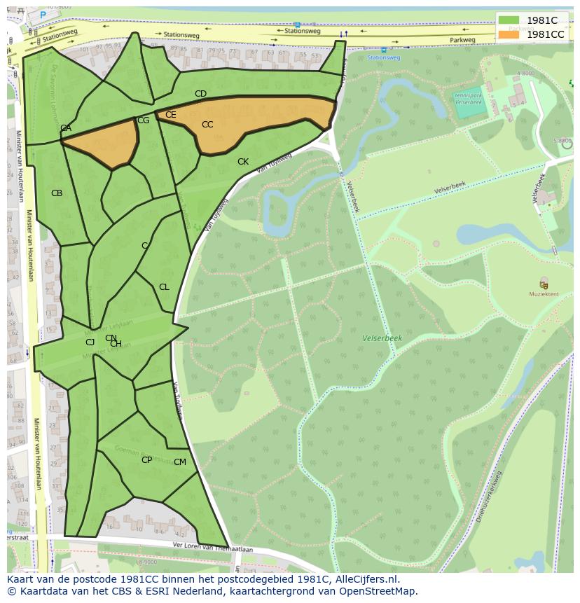 Afbeelding van het postcodegebied 1981 CC op de kaart.