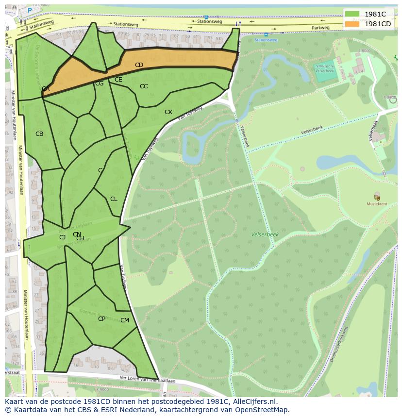 Afbeelding van het postcodegebied 1981 CD op de kaart.