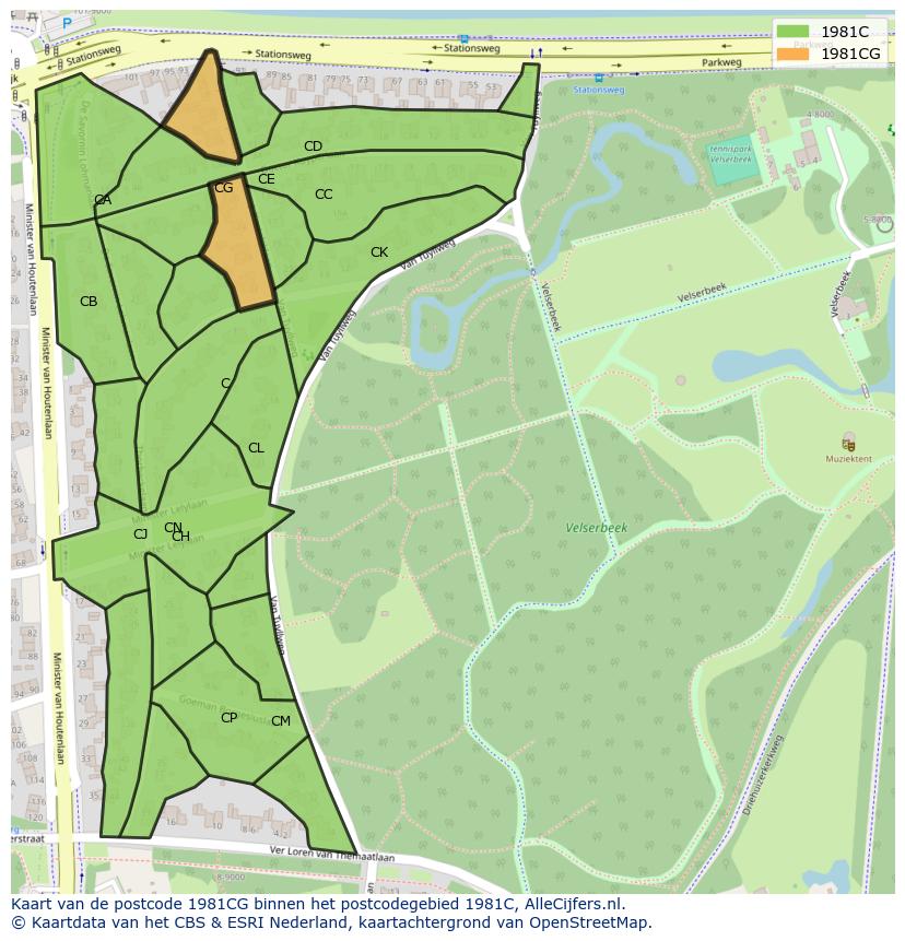 Afbeelding van het postcodegebied 1981 CG op de kaart.