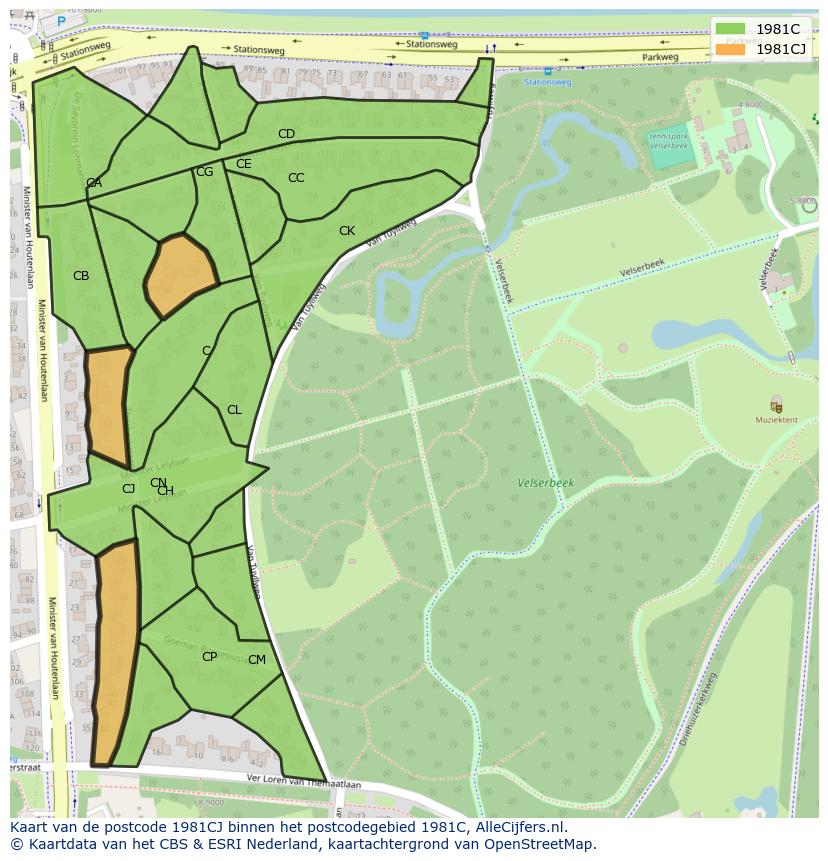 Afbeelding van het postcodegebied 1981 CJ op de kaart.