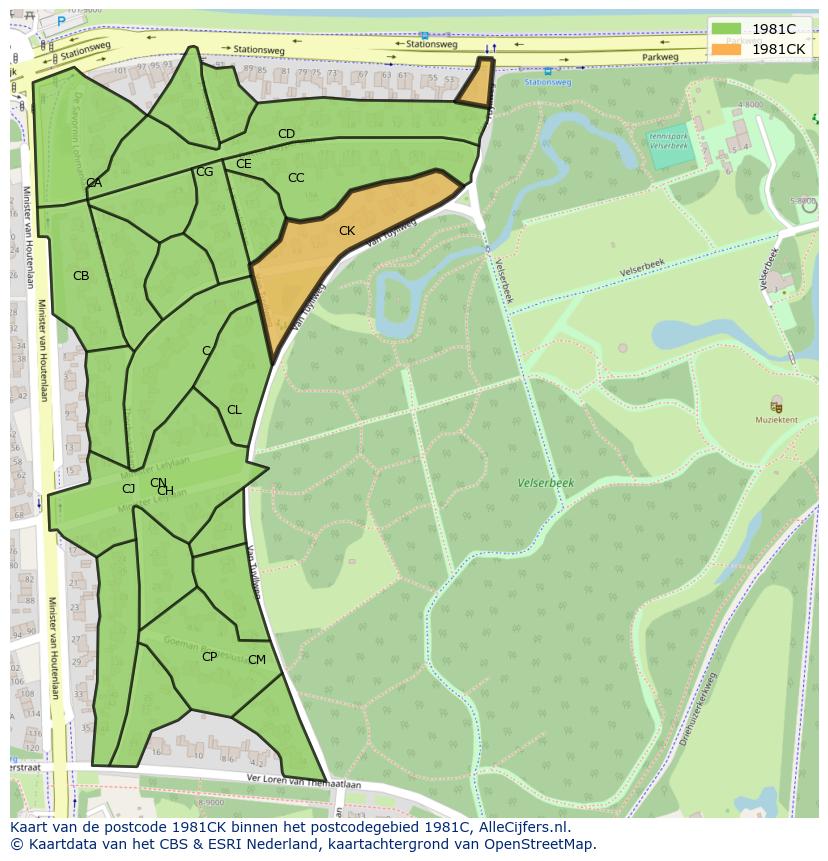 Afbeelding van het postcodegebied 1981 CK op de kaart.