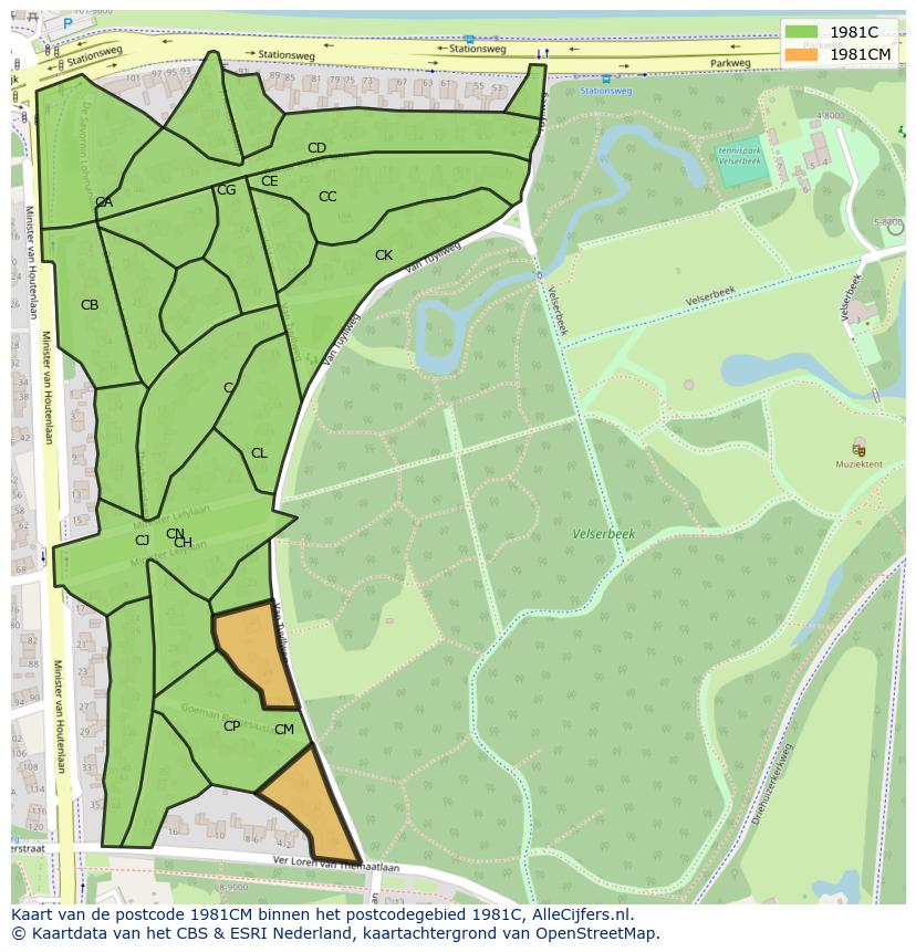 Afbeelding van het postcodegebied 1981 CM op de kaart.