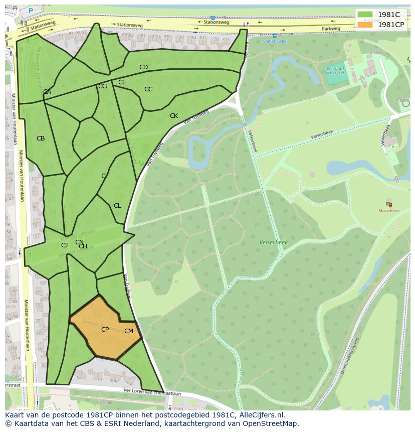 Afbeelding van het postcodegebied 1981 CP op de kaart.