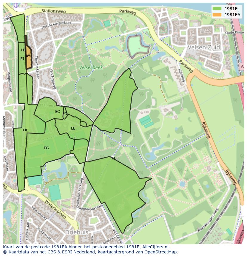 Afbeelding van het postcodegebied 1981 EA op de kaart.