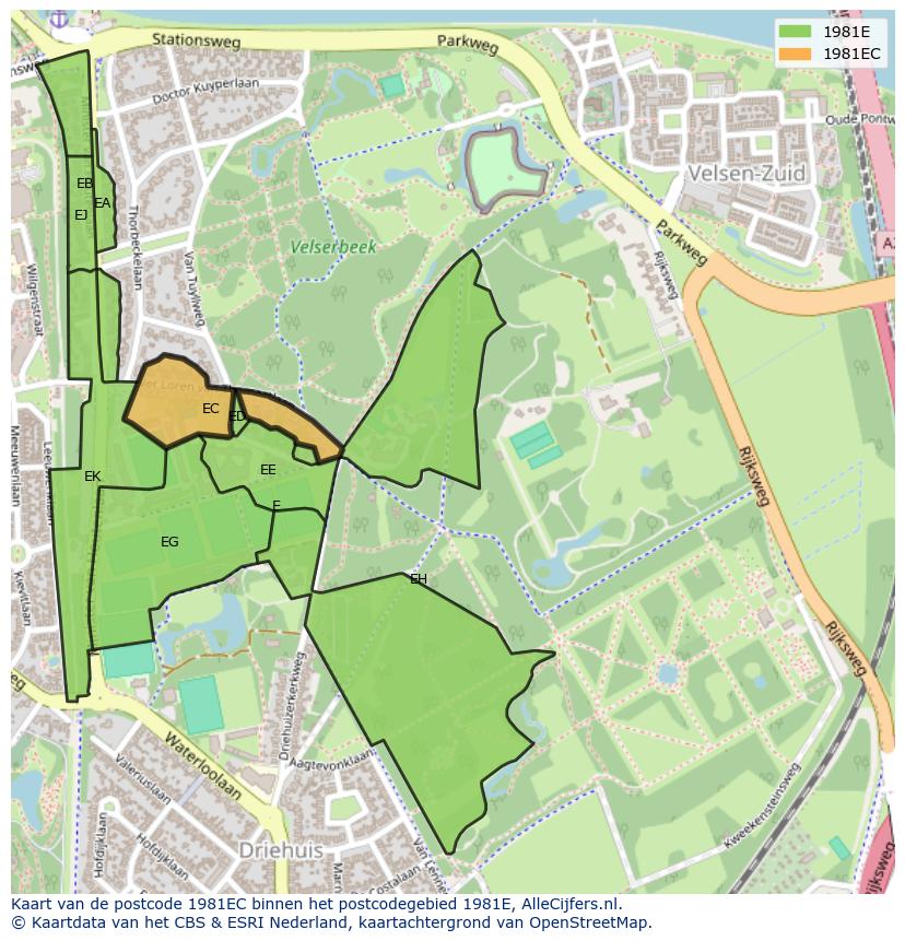 Afbeelding van het postcodegebied 1981 EC op de kaart.