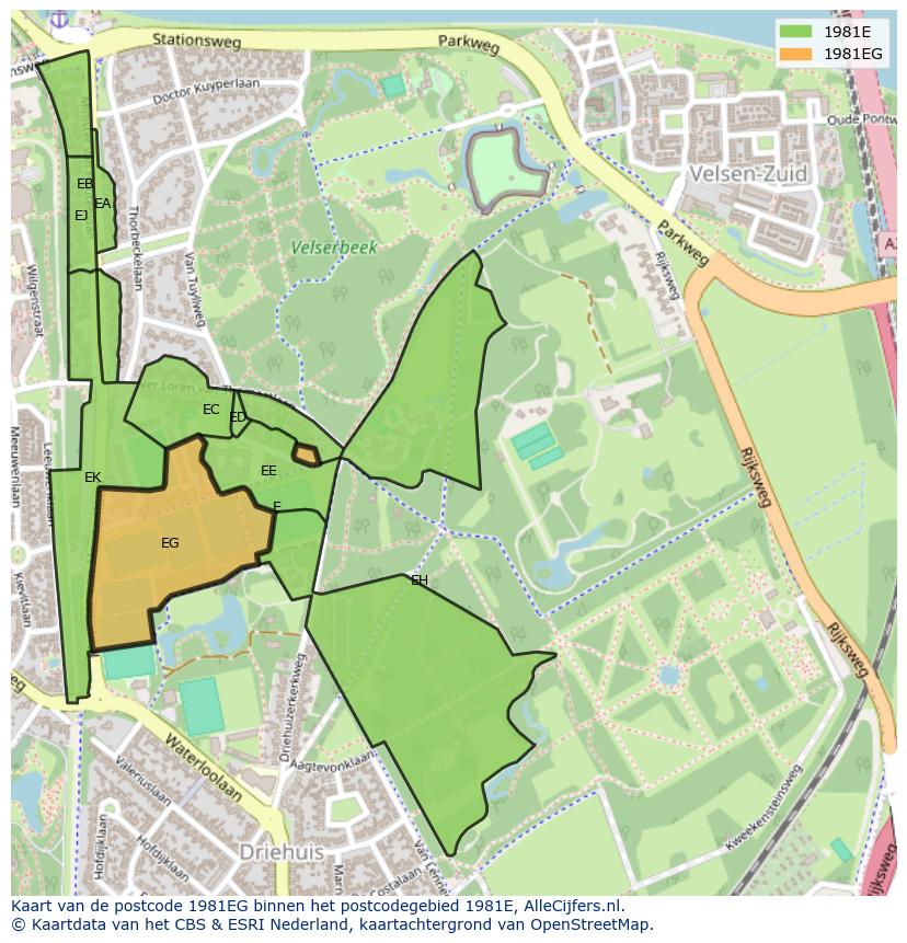 Afbeelding van het postcodegebied 1981 EG op de kaart.