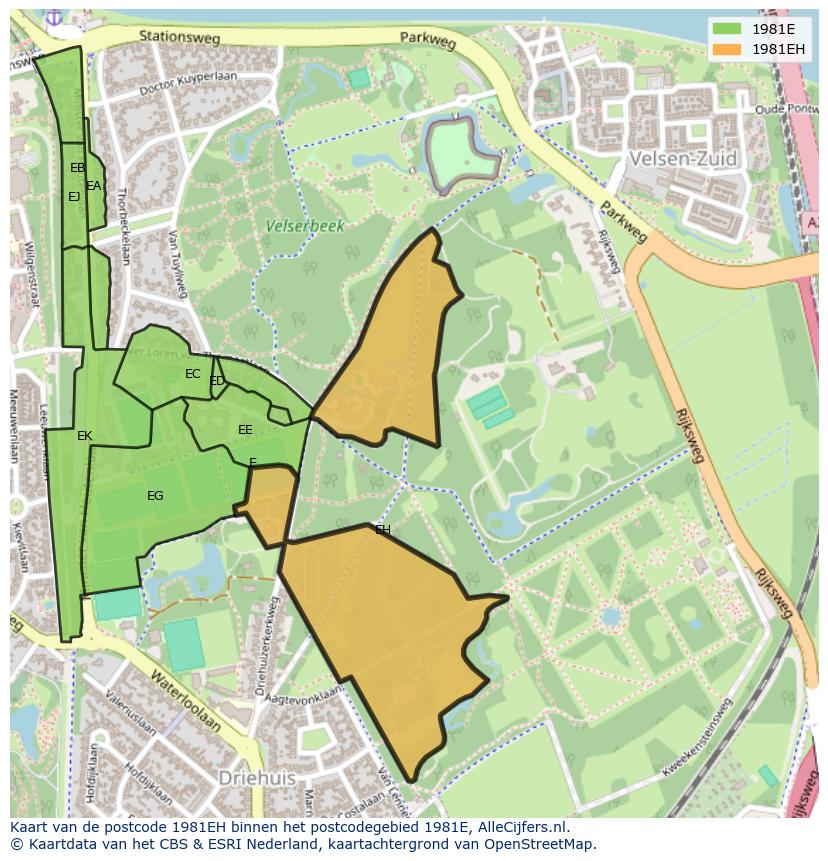Afbeelding van het postcodegebied 1981 EH op de kaart.