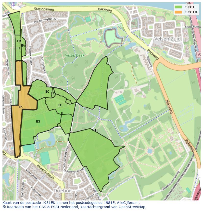 Afbeelding van het postcodegebied 1981 EK op de kaart.
