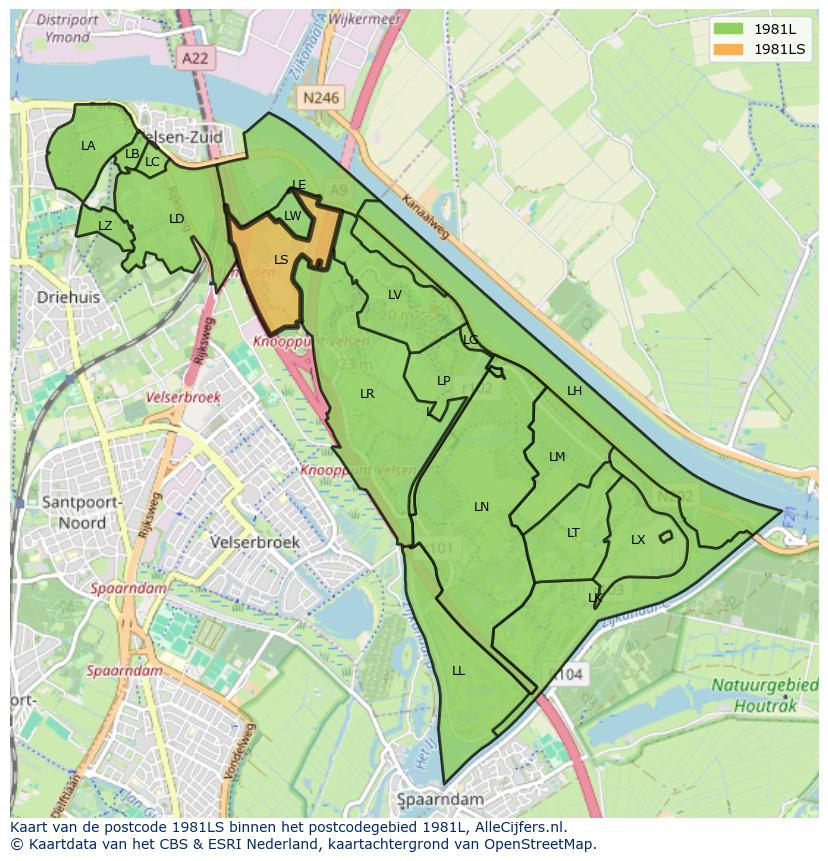 Afbeelding van het postcodegebied 1981 LS op de kaart.
