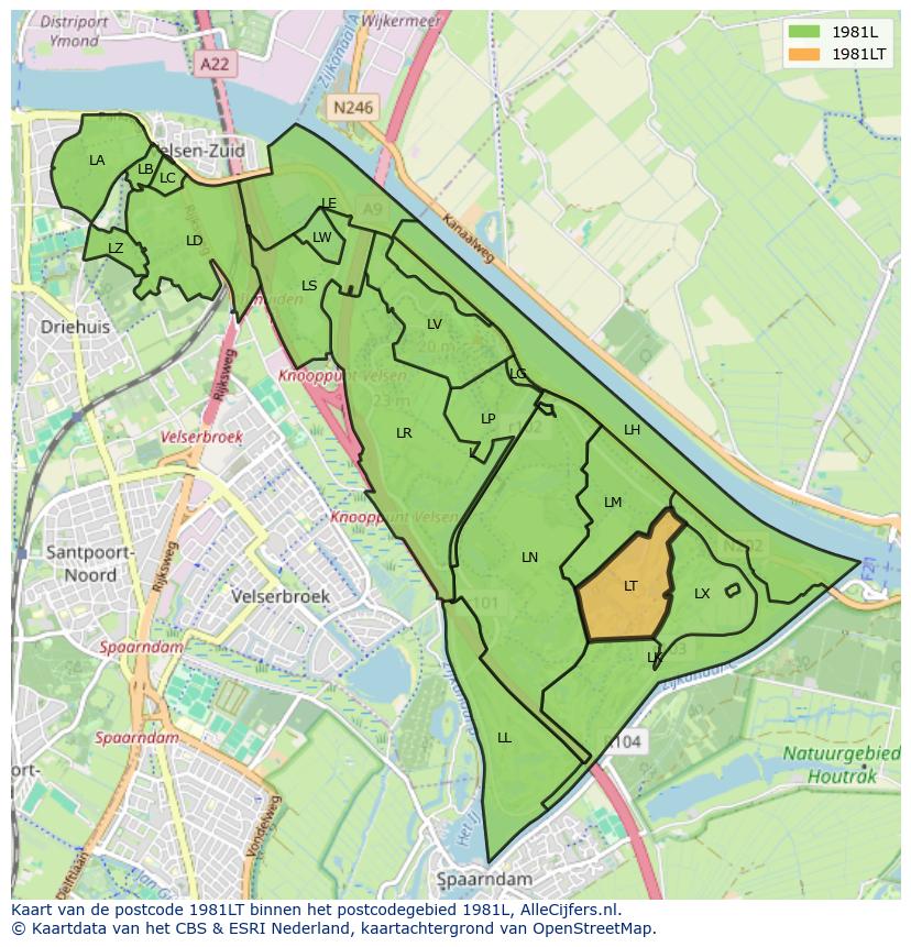 Afbeelding van het postcodegebied 1981 LT op de kaart.