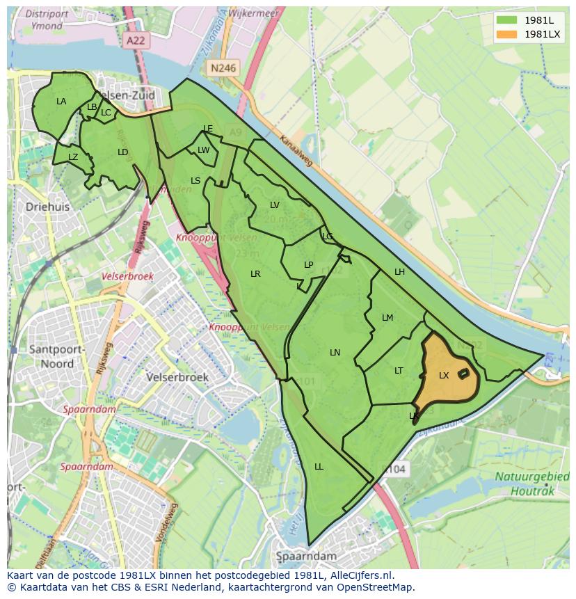 Afbeelding van het postcodegebied 1981 LX op de kaart.
