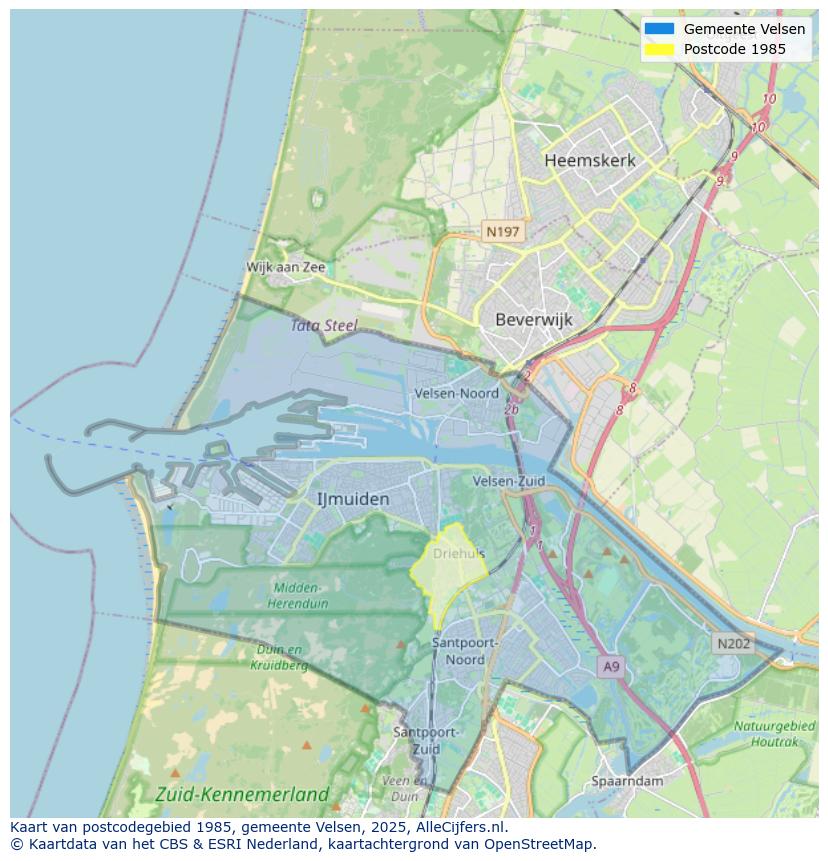 Afbeelding van het postcodegebied 1985 op de kaart.
