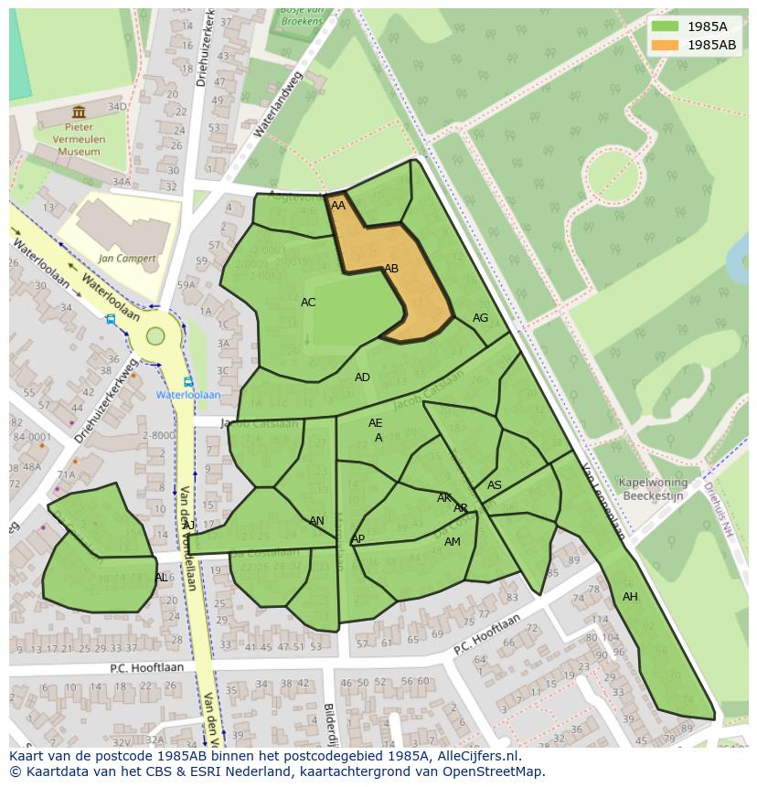 Afbeelding van het postcodegebied 1985 AB op de kaart.