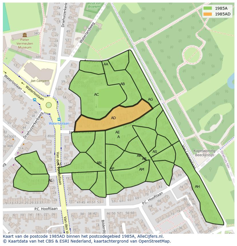 Afbeelding van het postcodegebied 1985 AD op de kaart.