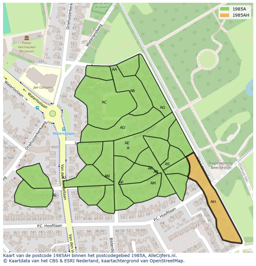 Afbeelding van het postcodegebied 1985 AH op de kaart.