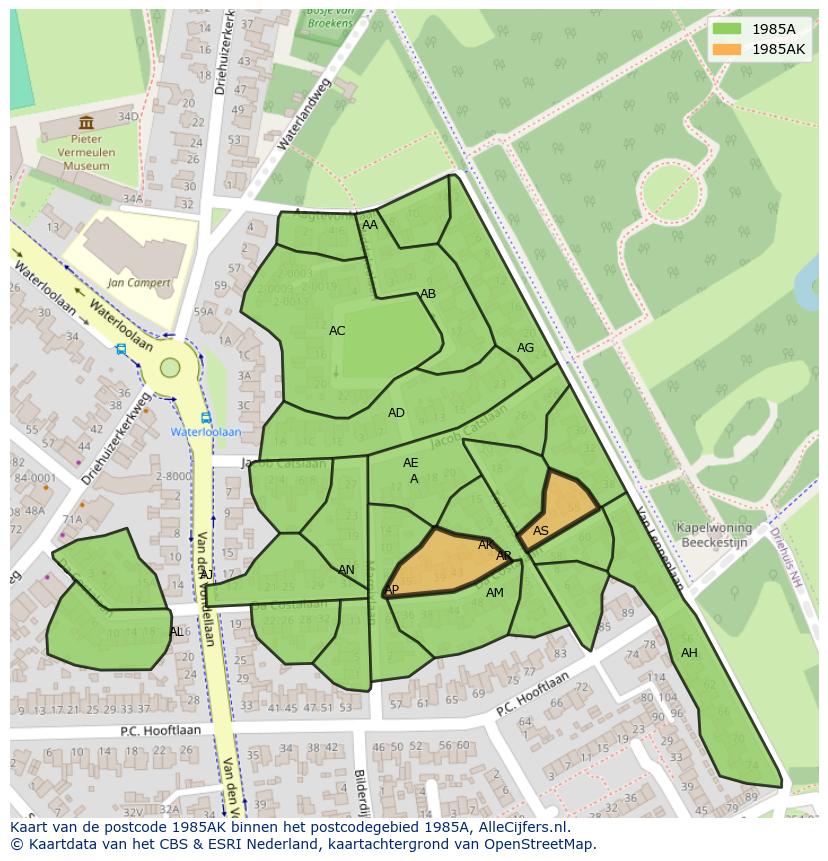 Afbeelding van het postcodegebied 1985 AK op de kaart.