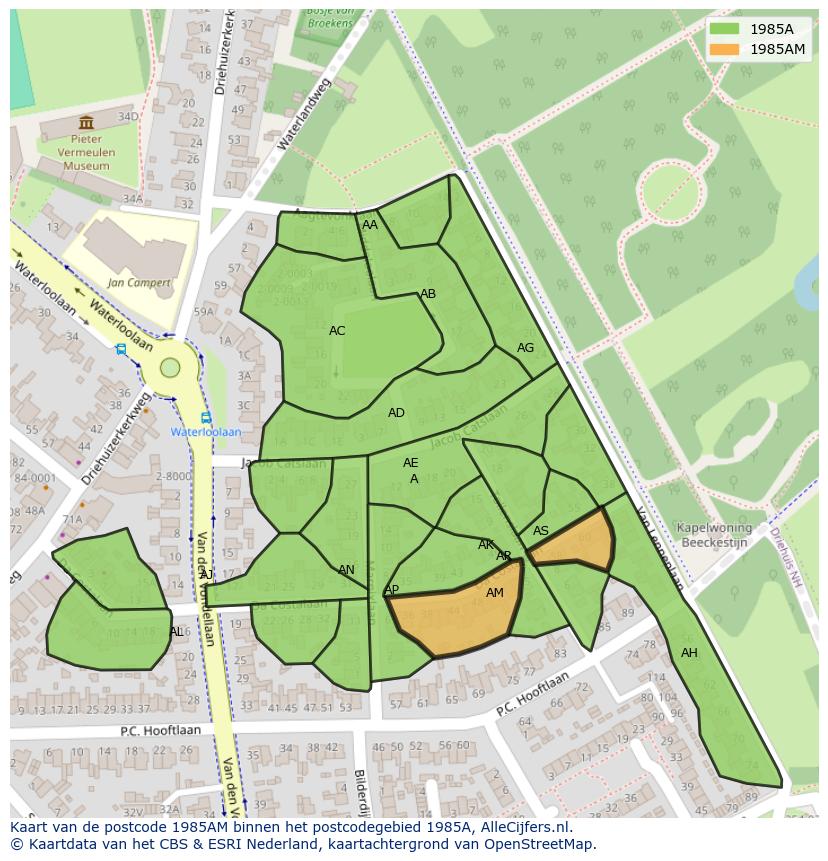 Afbeelding van het postcodegebied 1985 AM op de kaart.