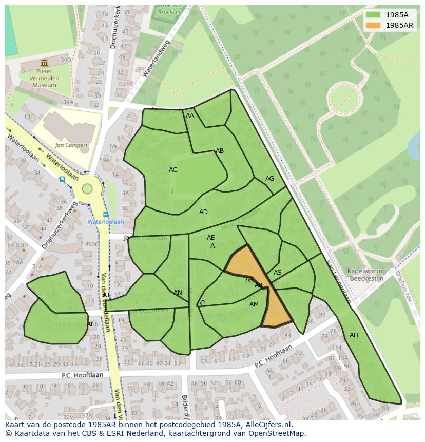 Afbeelding van het postcodegebied 1985 AR op de kaart.