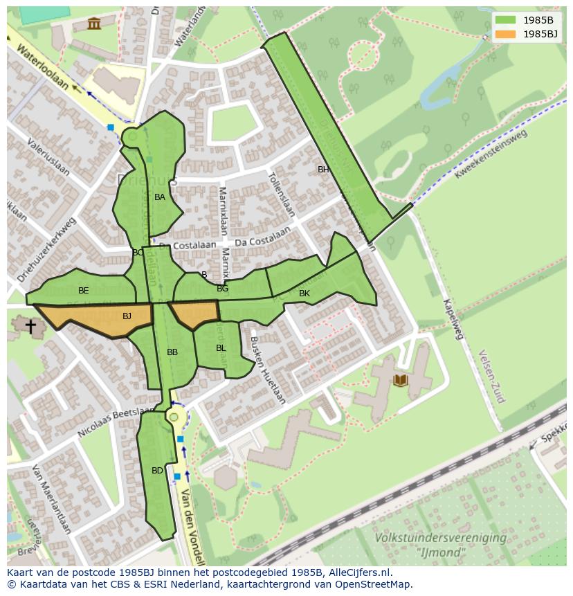 Afbeelding van het postcodegebied 1985 BJ op de kaart.