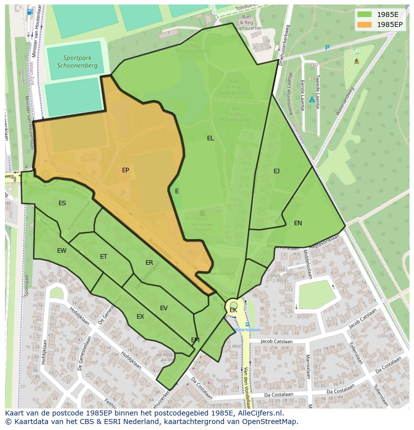 Afbeelding van het postcodegebied 1985 EP op de kaart.