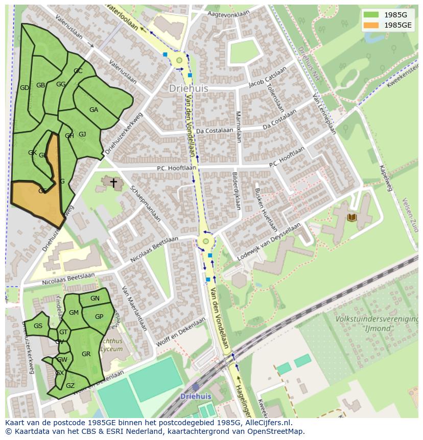 Afbeelding van het postcodegebied 1985 GE op de kaart.