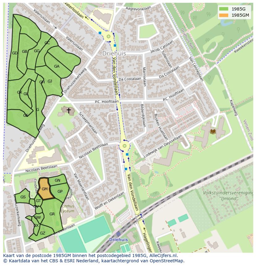 Afbeelding van het postcodegebied 1985 GM op de kaart.