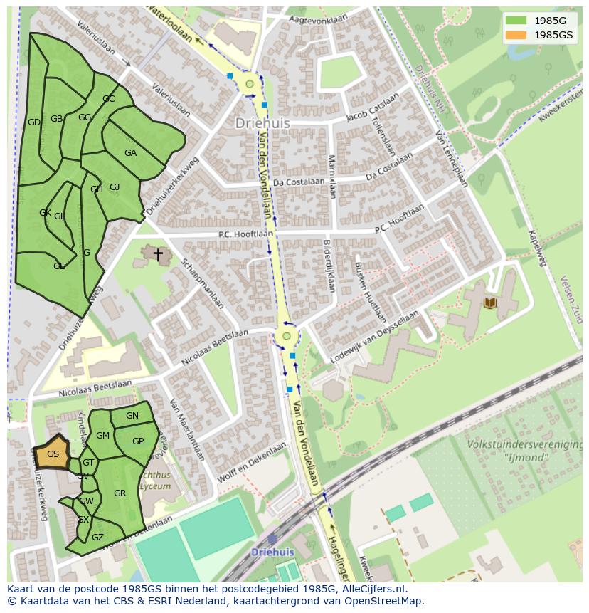 Afbeelding van het postcodegebied 1985 GS op de kaart.