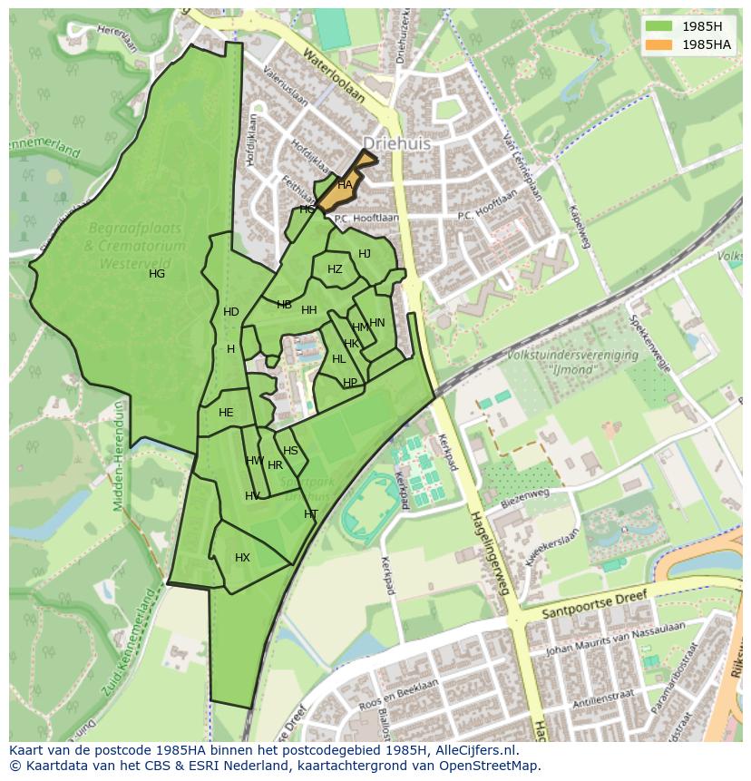 Afbeelding van het postcodegebied 1985 HA op de kaart.