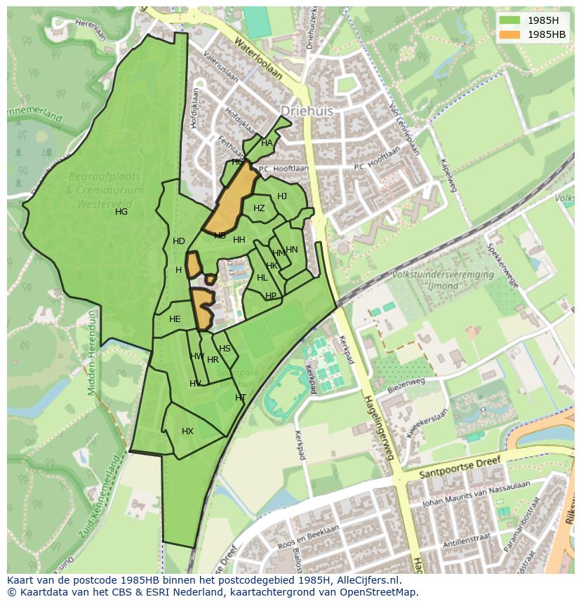Afbeelding van het postcodegebied 1985 HB op de kaart.