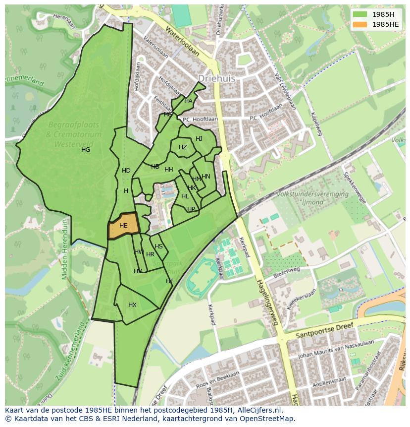 Afbeelding van het postcodegebied 1985 HE op de kaart.
