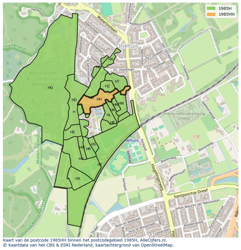 Afbeelding van het postcodegebied 1985 HH op de kaart.